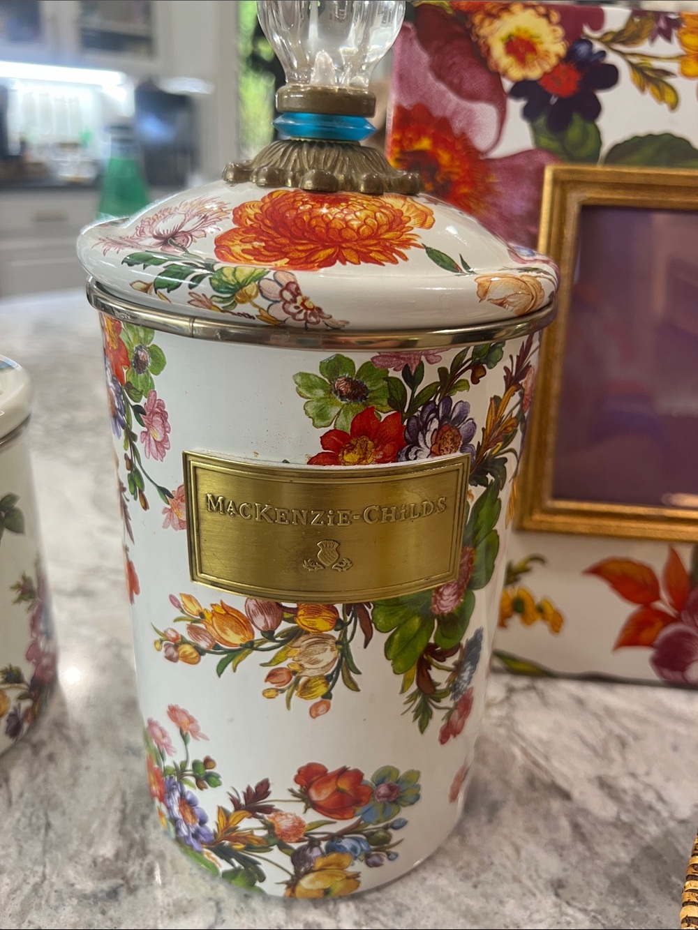 MacKenzie-Childs Floral Ceramic Canister in White with Multi-Color Blooms